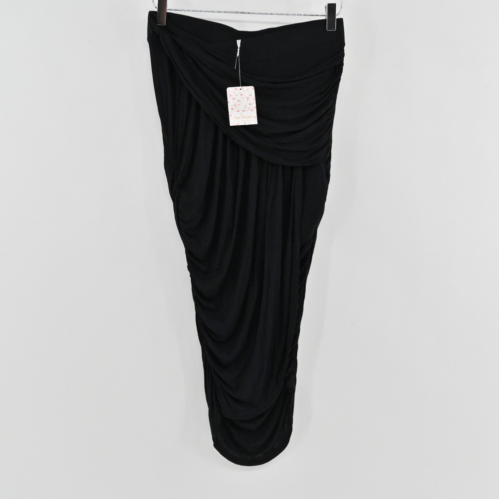 Free People Ruched Maxi Skirt Womens Size S Black Draped Bodycon Pull On Boho